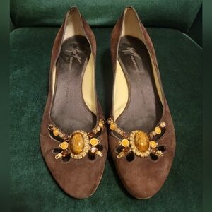 Giuseppe Zanotti brown suede leather jeweled kitten heel pumps 37.5